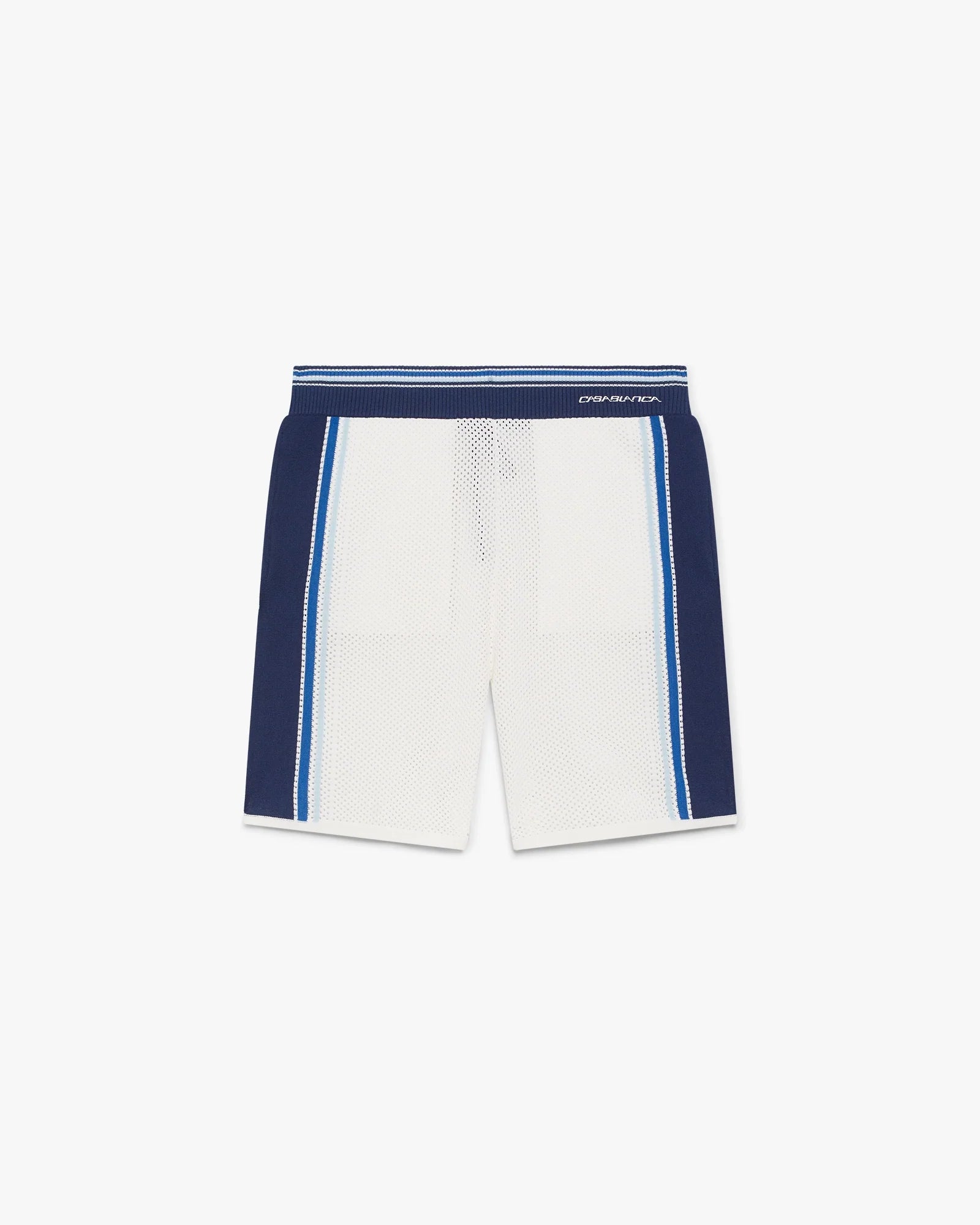 White & Blue Striped Mesh Track Shorts