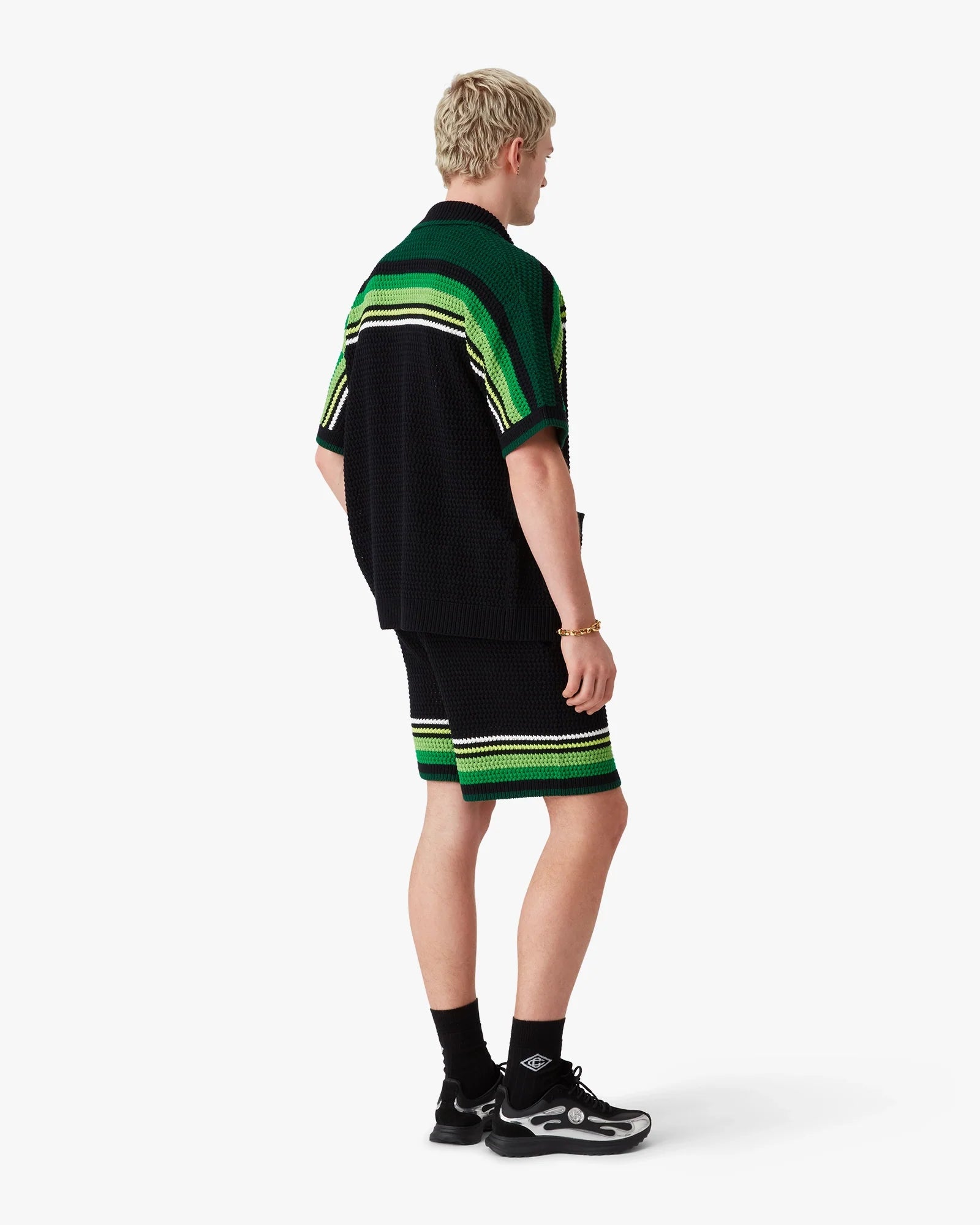 Black & Green Striped Crochet Shorts