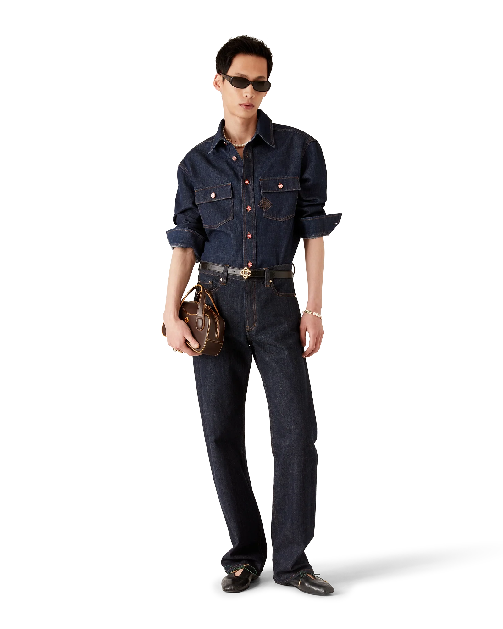 Denim Short Sleeve Shirt with Logo Embroidery