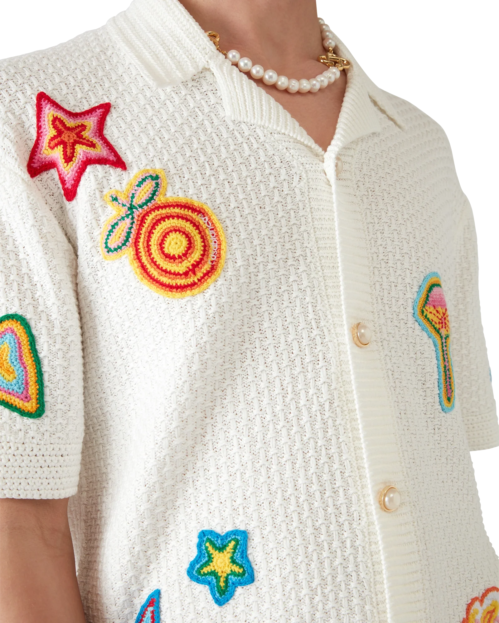 Motif Short Sleeve Crochet Shirt