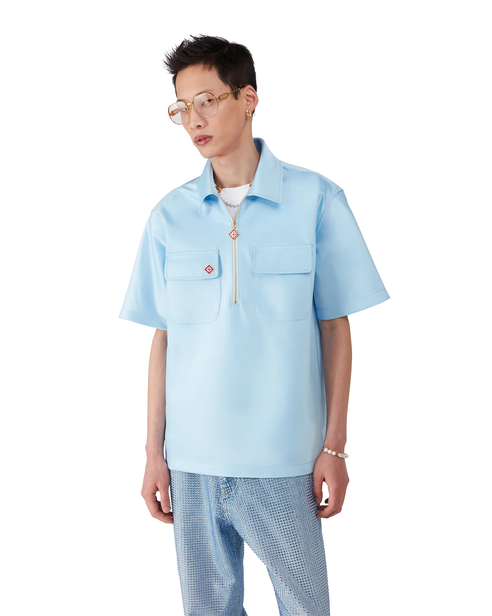 Satin Quarter Zip Short Sleeve Shirt