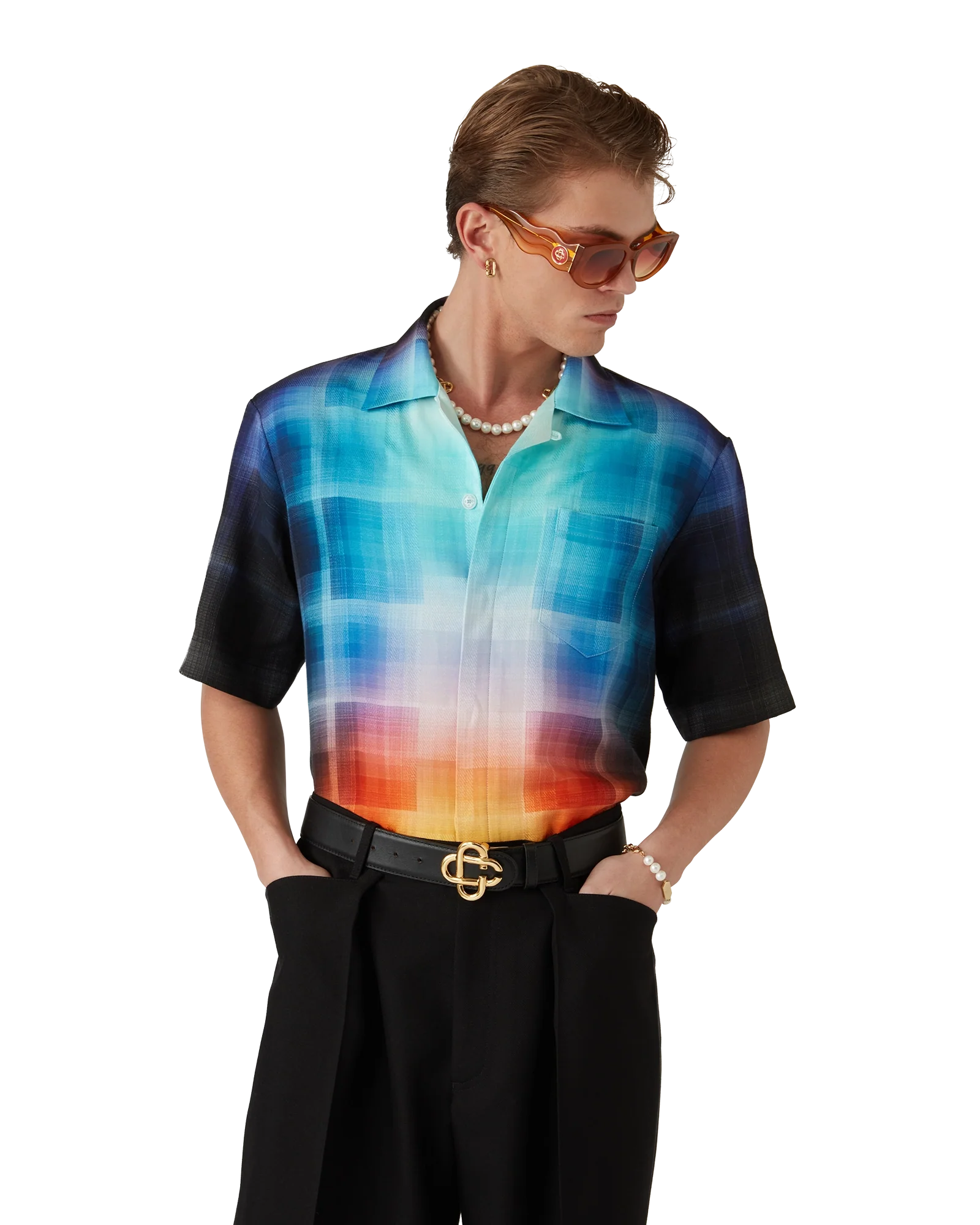 Gradient Check Viscose Blend Short Sleeve Shirt