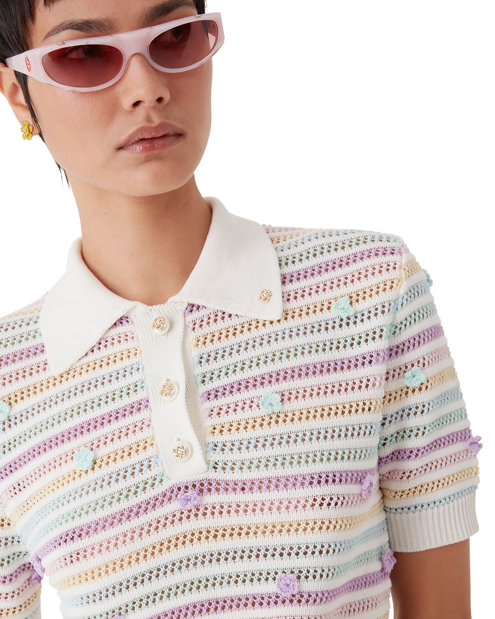 Flower Stripe Cotton Crochet Polo
