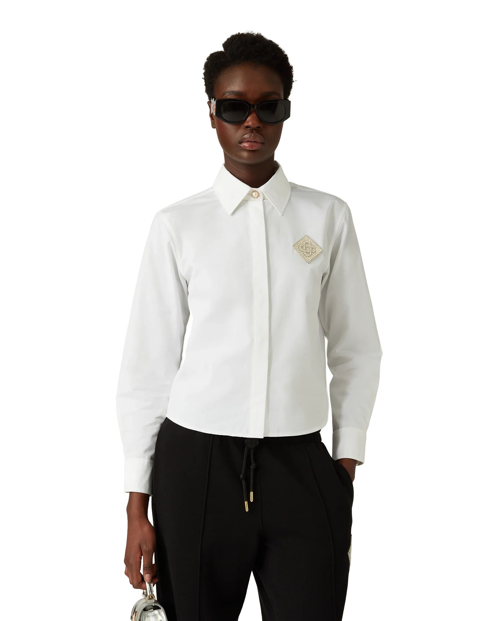 Pearl Diamond Patch Long Sleeve Cotton Shirt