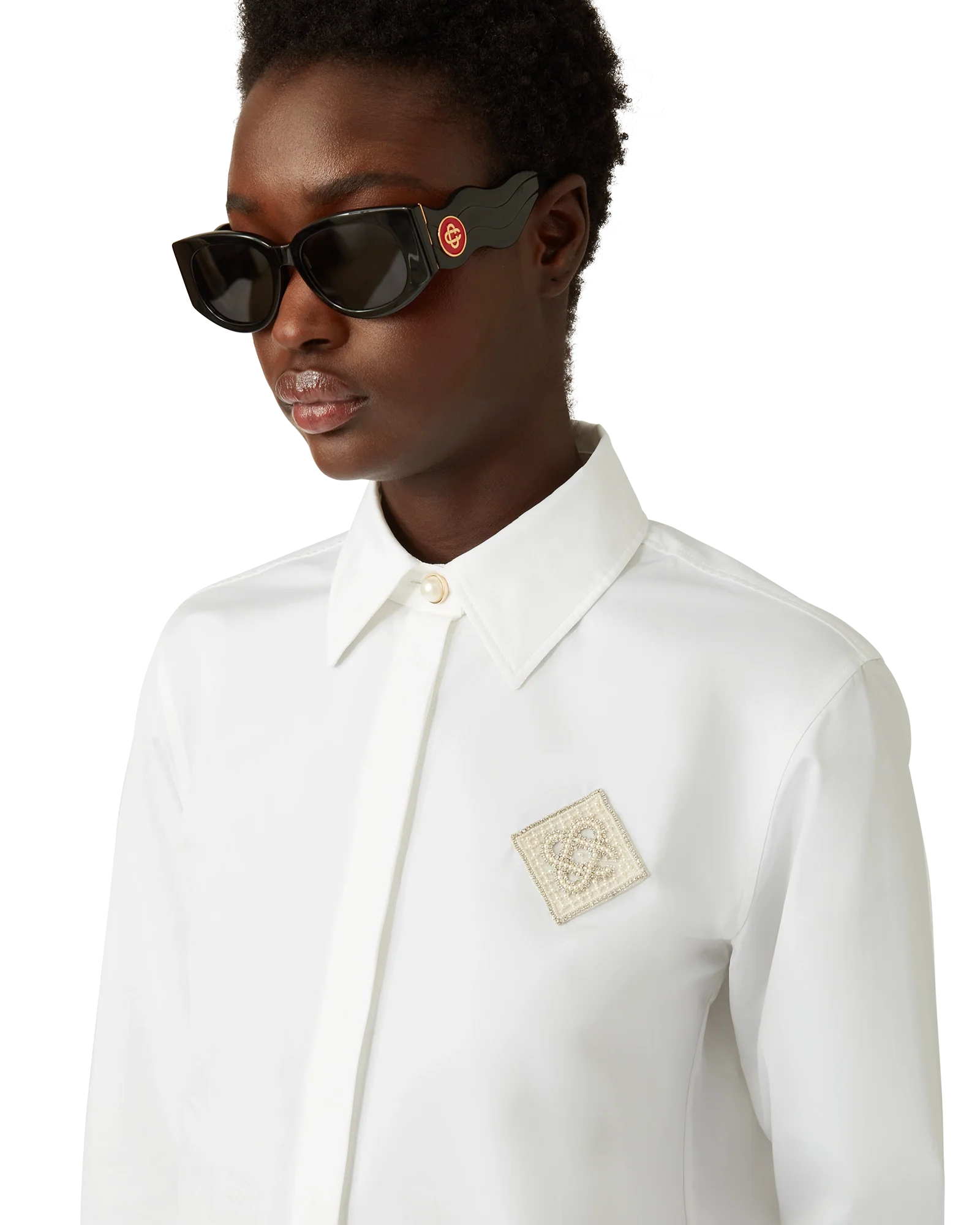 Pearl Diamond Patch Long Sleeve Cotton Shirt