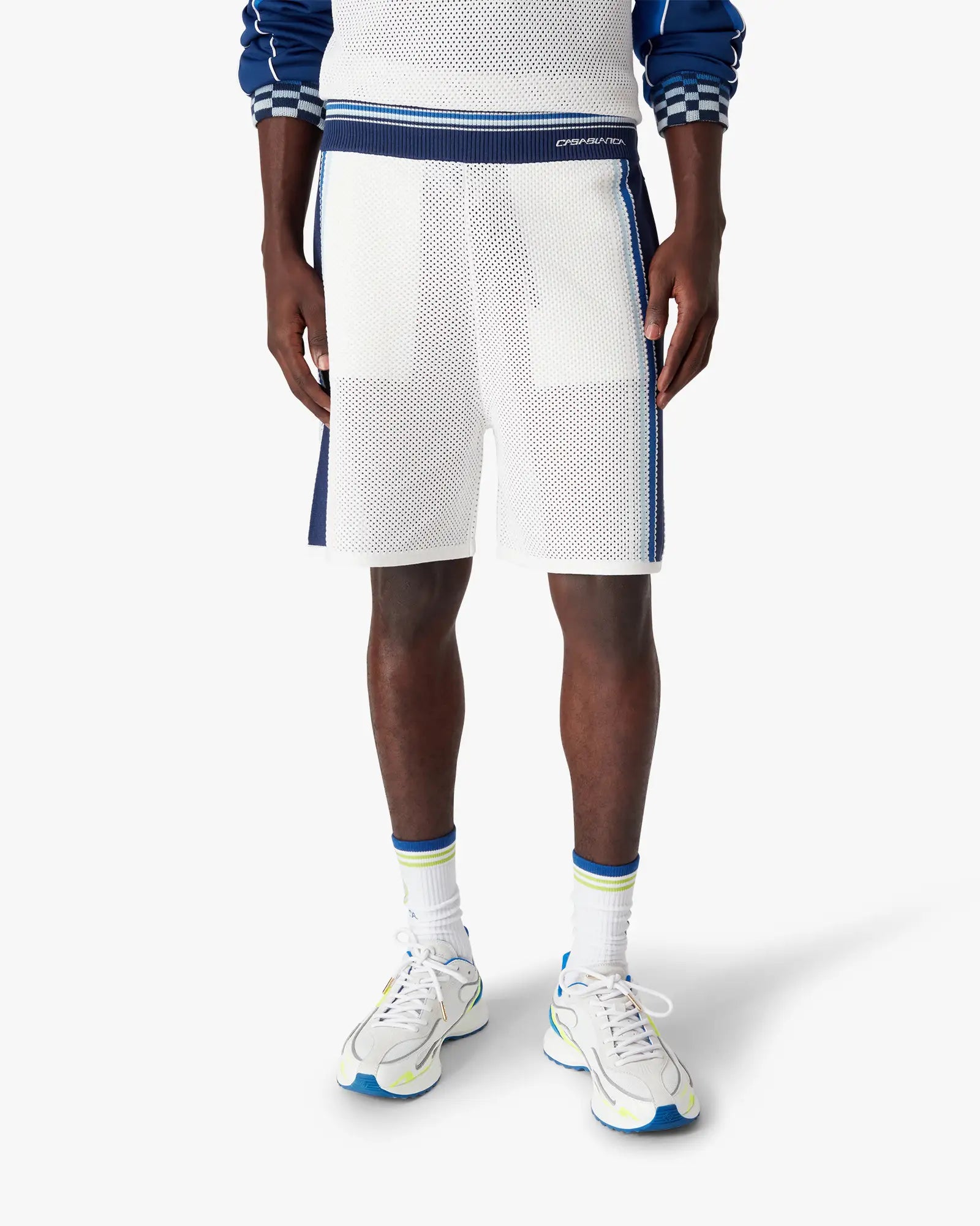White & Blue Striped Mesh Track Shorts