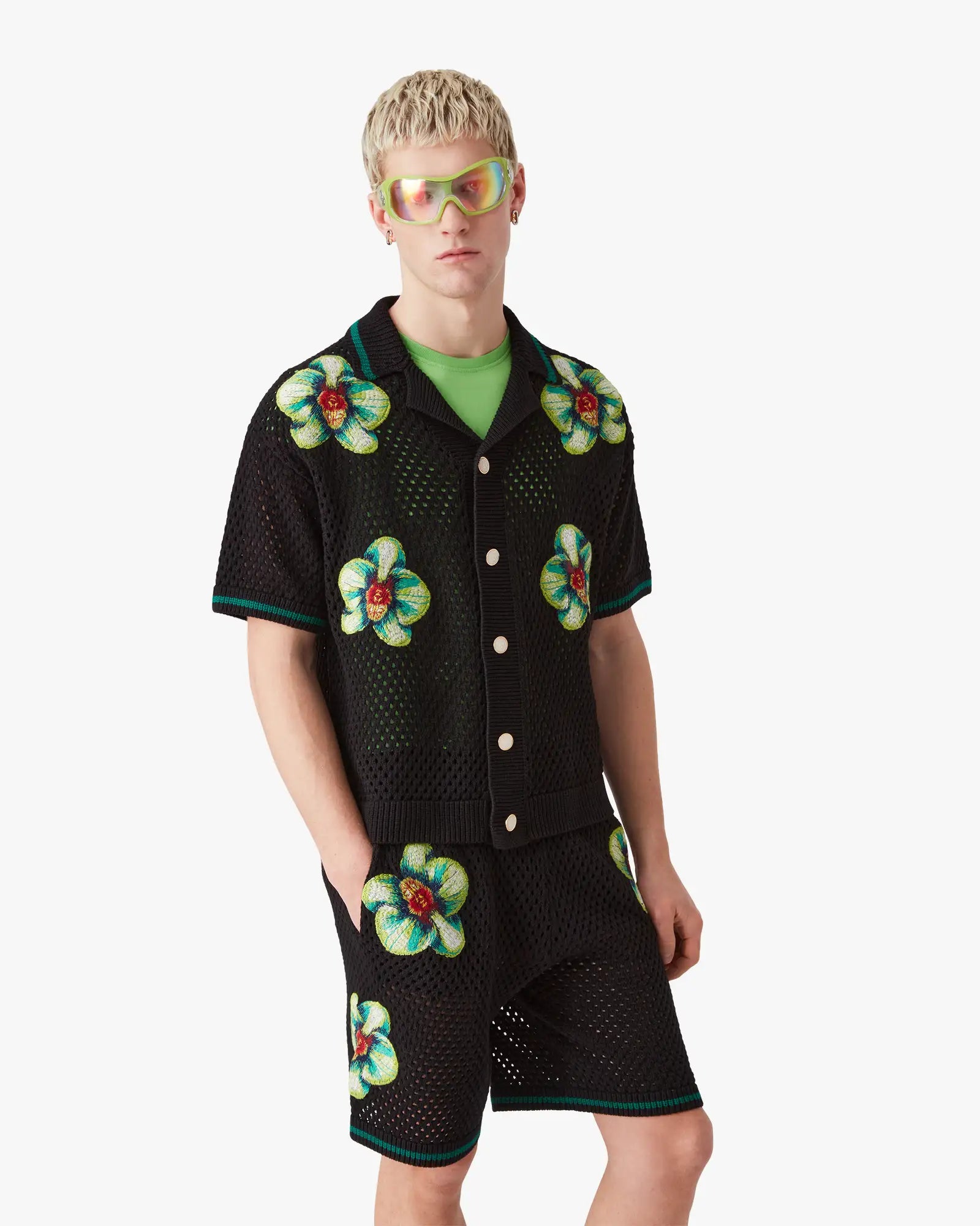 Glitch Orchid Embroidered Short Sleeve Crochet Shirt