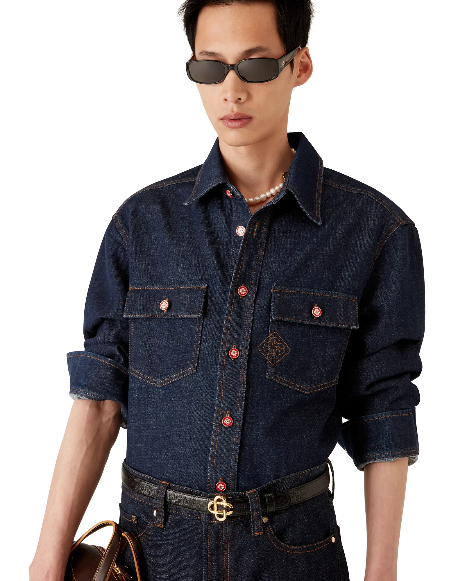 Denim Short Sleeve Shirt with Logo Embroidery