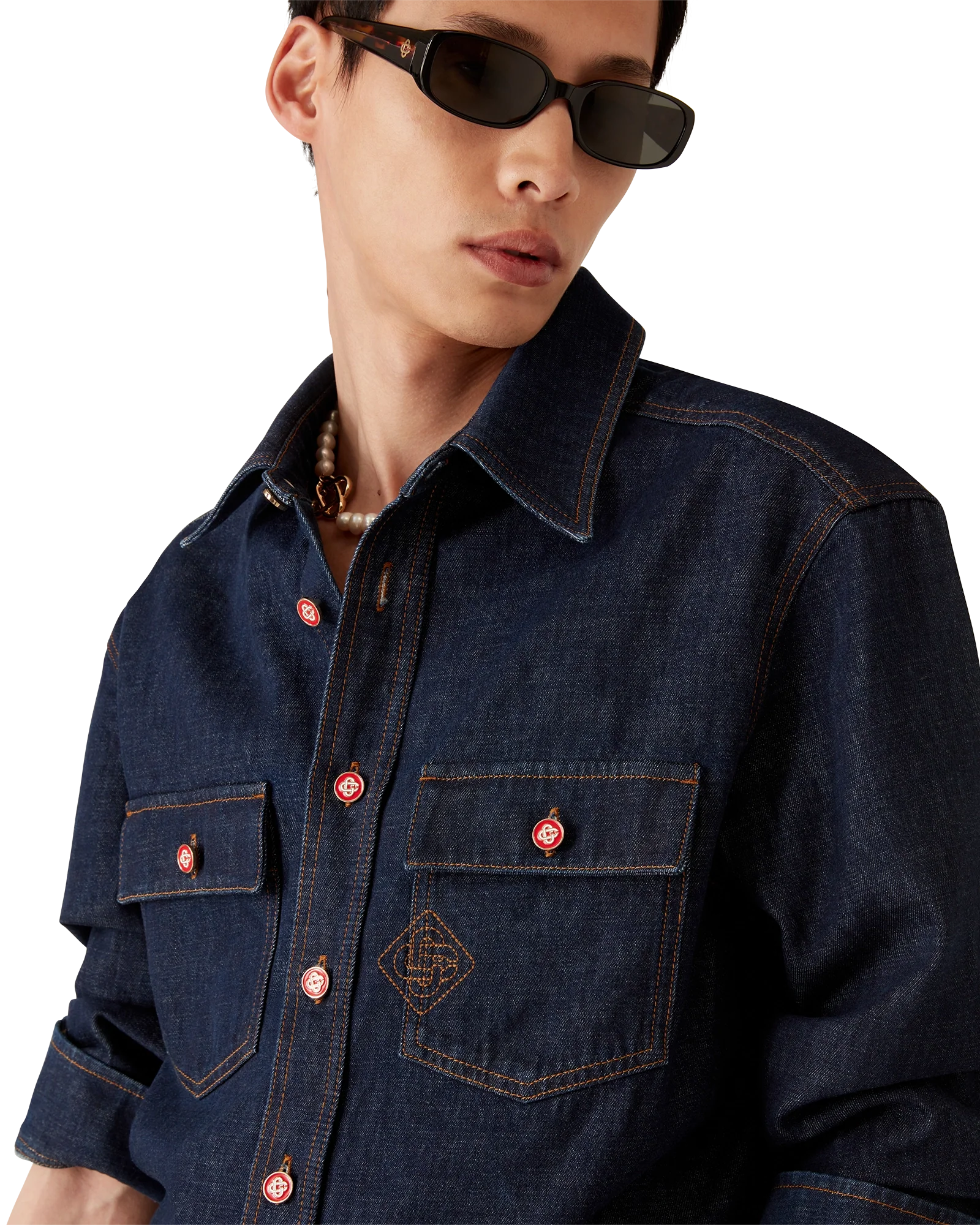 Denim Short Sleeve Shirt with Logo Embroidery