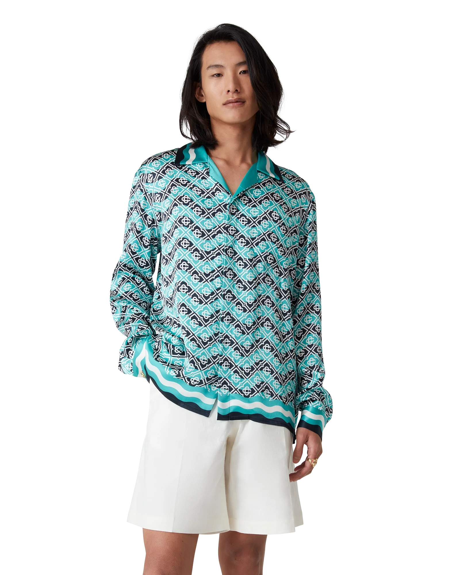 Monogram Wave Long Sleeve Silk Shirt