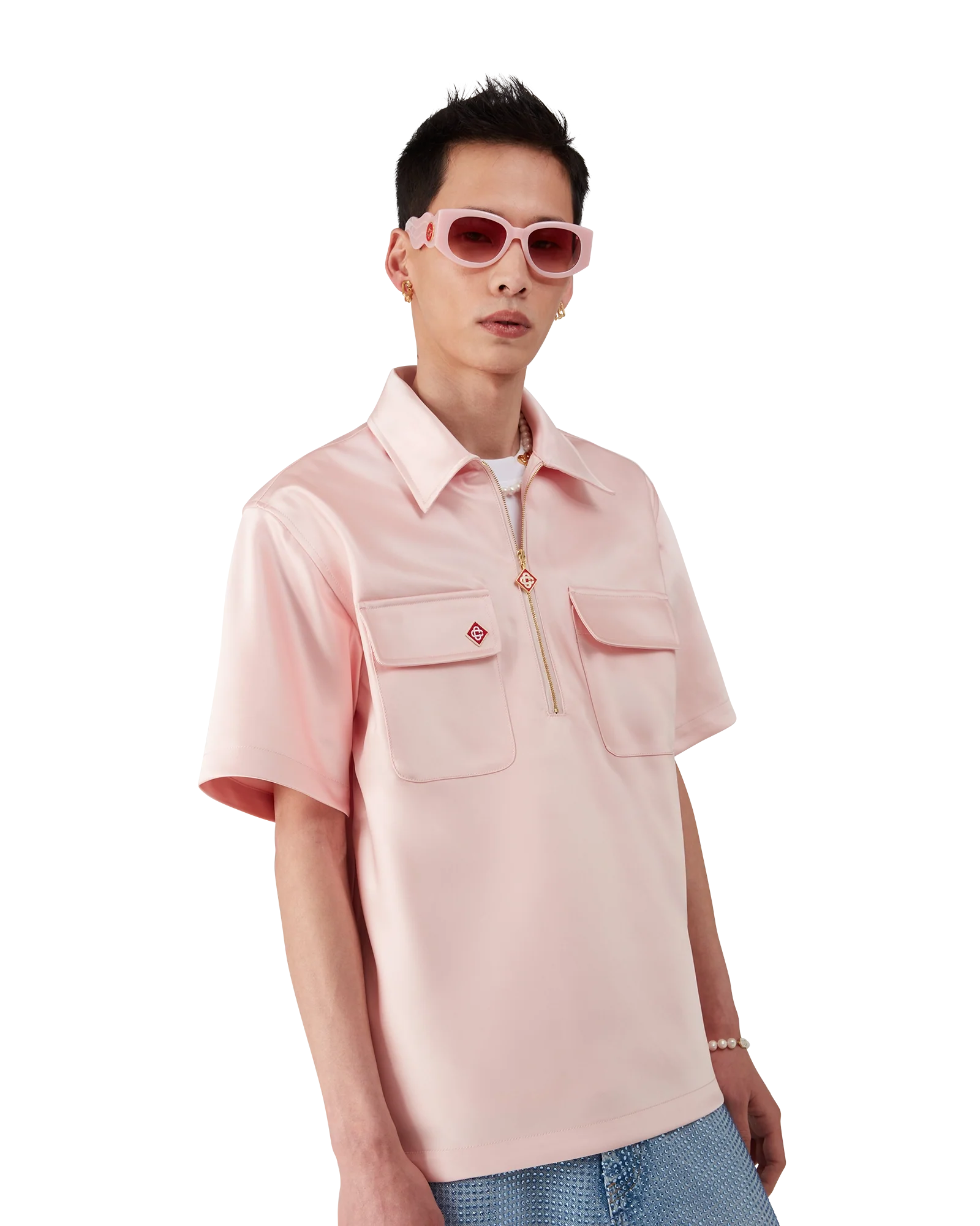 Satin Quarter Zip Short Sleeve Shirt