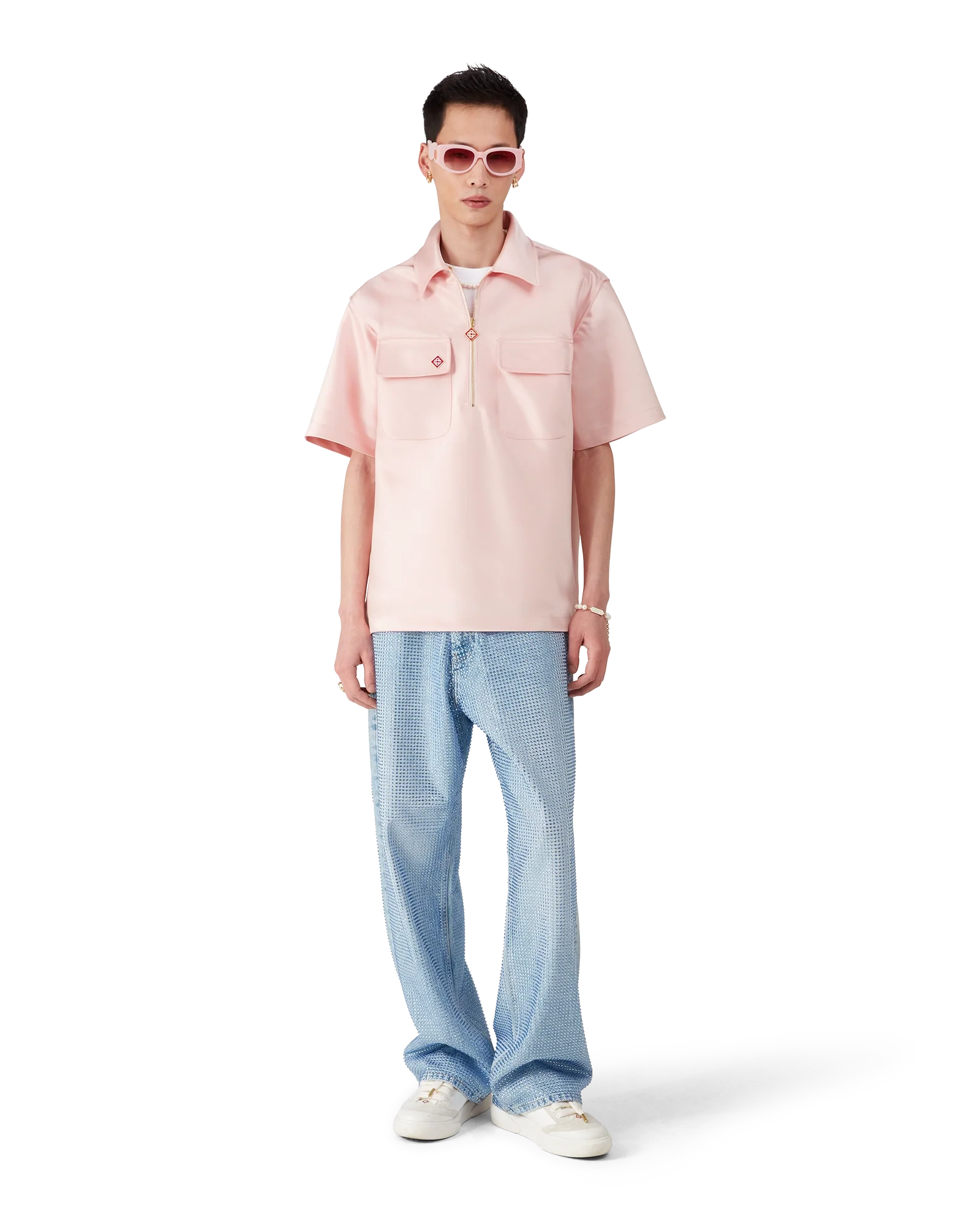 Satin Quarter Zip Short Sleeve Shirt