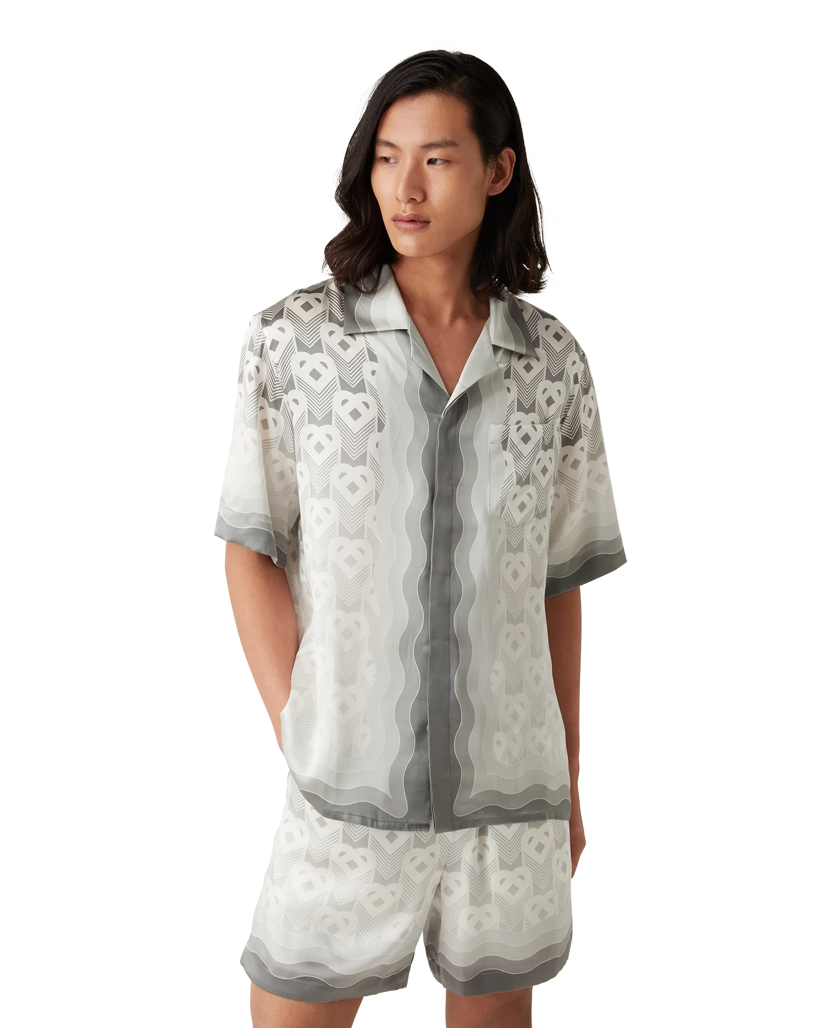 Gradient Heart Monogram Short Sleeve Silk Shirt