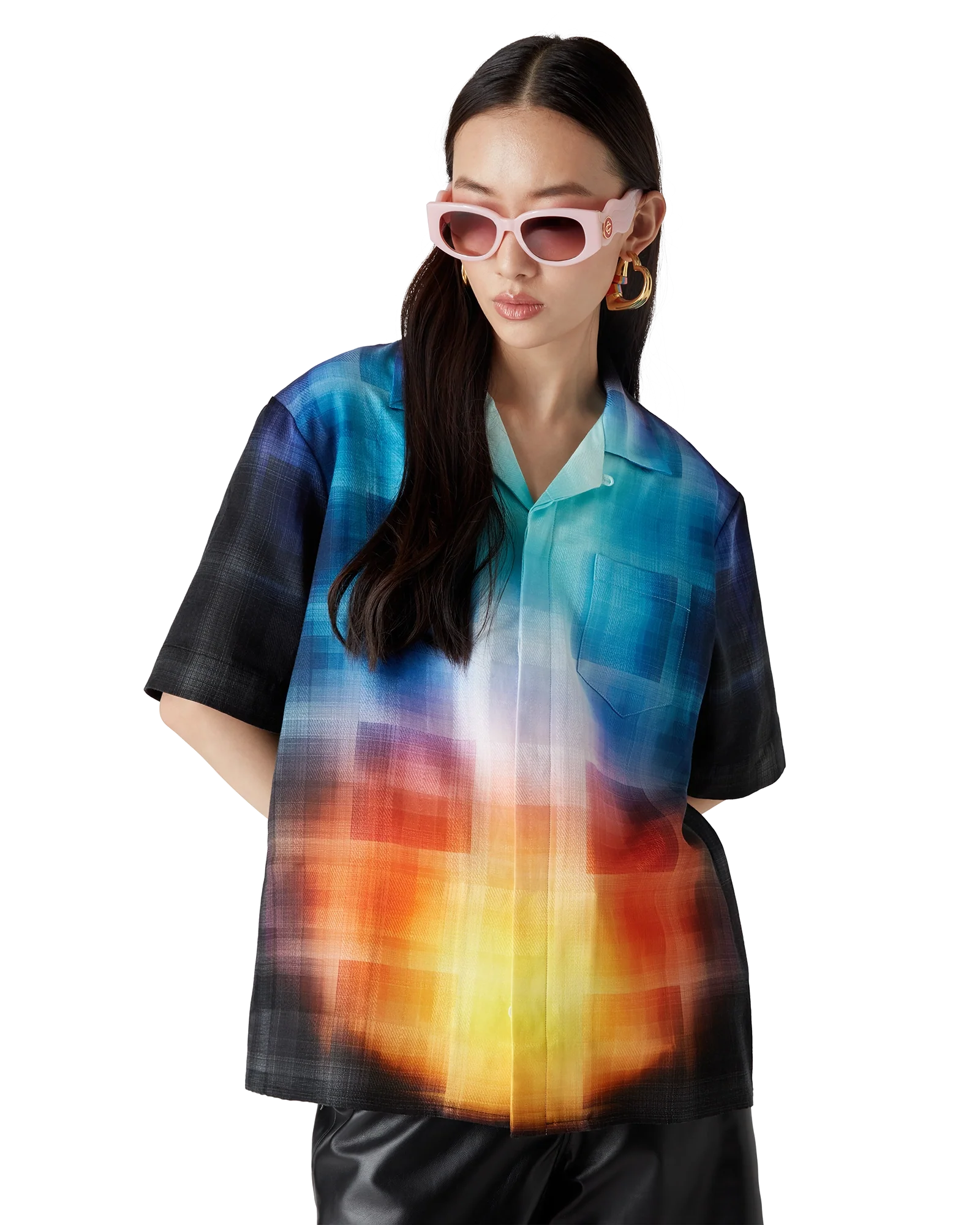 Gradient Check Viscose Blend Short Sleeve Shirt